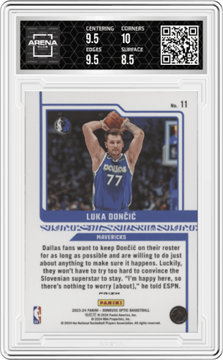 Luka Doncic from the 2023-24 Donruss Optic set featuring a Holo parallel graded by Arena Club and given an overall grade of 9.