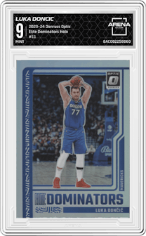Luka Doncic from the 2023-24 Donruss Optic set featuring a Holo parallel graded by Arena Club and given an overall grade of 9.