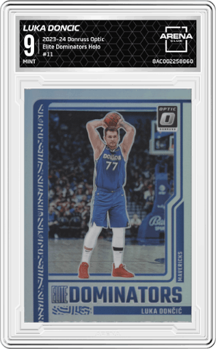 Luka Doncic from the 2023-24 Donruss Optic set featuring a Holo parallel graded by Arena Club and given an overall grade of 9.