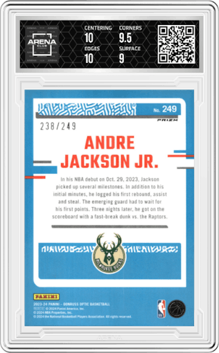 Andre Jackson Jr. from the 2023-24 Donruss Optic set featuring a Aqua parallel graded by Arena Club and given an overall grade of 9.5.