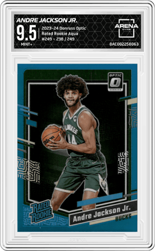 Andre Jackson Jr. from the 2023-24 Donruss Optic set featuring a Aqua parallel graded by Arena Club and given an overall grade of 9.5.