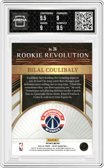 Bilal Coulibaly  from the 2023-24 Panini Select  set featuring a Silver Prizm parallel graded by Arena Club and given an overall grade of 9.5.