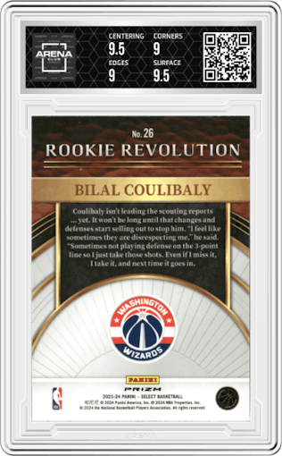 Bilal Coulibaly  from the 2023-24 Panini Select  set featuring a Silver Prizm parallel graded by Arena Club and given an overall grade of 9.5.