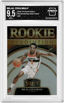 Bilal Coulibaly  from the 2023-24 Panini Select  set featuring a Silver Prizm parallel graded by Arena Club and given an overall grade of 9.5.
