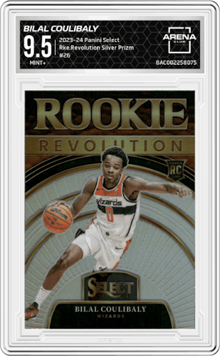 Bilal Coulibaly  from the 2023-24 Panini Select  set featuring a Silver Prizm parallel graded by Arena Club and given an overall grade of 9.5.
