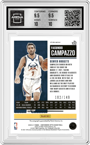 Facundo Campazzo from the 2020-21 Panini Contenders Optic set featuring a Red parallel graded by Arena Club and given an overall grade of 10.