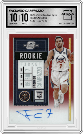 Facundo Campazzo from the 2020-21 Panini Contenders Optic set featuring a Red parallel graded by Arena Club and given an overall grade of 10.