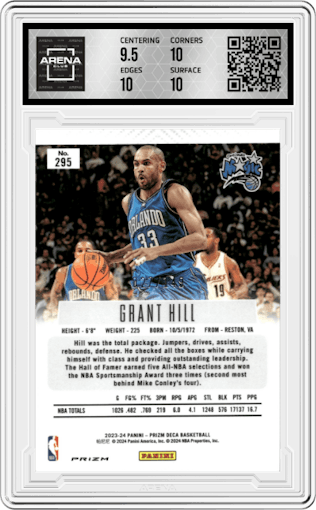 Grant Hill from the 2023-24 Panini Prizm Deca set featuring a Blue Prizm parallel graded by Arena Club and given an overall grade of 10.