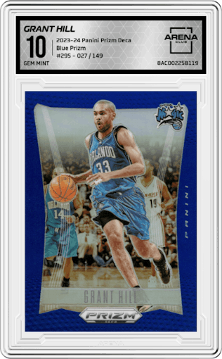 Grant Hill from the 2023-24 Panini Prizm Deca set featuring a Blue Prizm parallel graded by Arena Club and given an overall grade of 10.