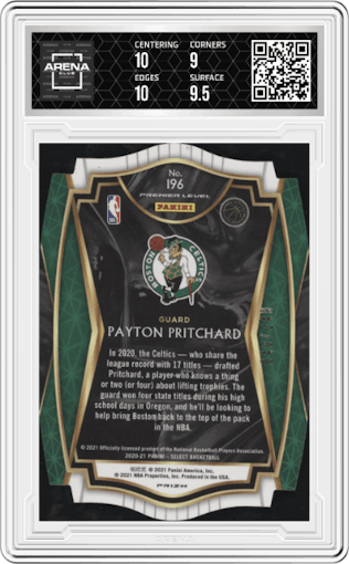 Payton Pritchard from the 2020-21 Panini Select  set featuring a Die-Cut Blue parallel graded by Arena Club and given an overall grade of 9.5.