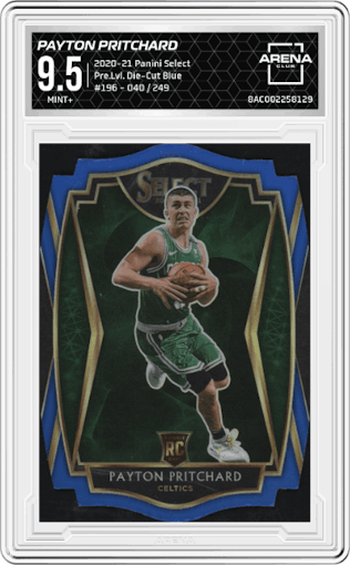 Payton Pritchard from the 2020-21 Panini Select  set featuring a Die-Cut Blue parallel graded by Arena Club and given an overall grade of 9.5.