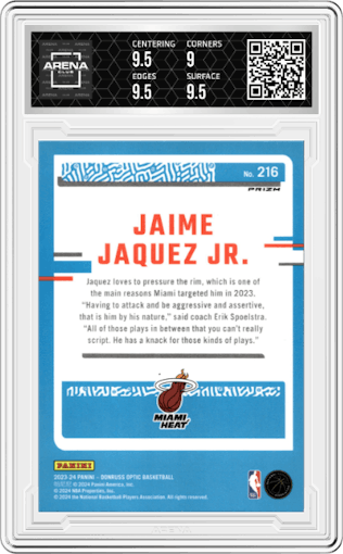 Jaime Jaquez Jr.  from the 2023-24 Donruss Optic set featuring a Purple Shock Prizm  parallel graded by Arena Club and given an overall grade of 9.5.