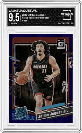 Jaime Jaquez Jr.  from the 2023-24 Donruss Optic set featuring a Purple Shock Prizm  parallel graded by Arena Club and given an overall grade of 9.5.