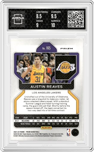 Austin Reaves from the 2021-22 Panini Prizm  set featuring a Ruby Wave parallel graded by Arena Club and given an overall grade of 9.