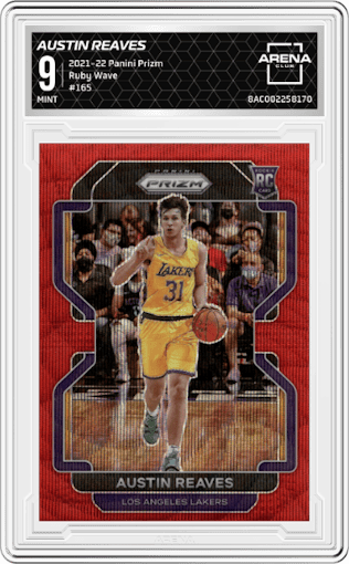 Austin Reaves from the 2021-22 Panini Prizm  set featuring a Ruby Wave parallel graded by Arena Club and given an overall grade of 9.