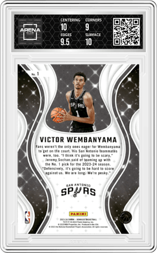 Victor Wembanyama from the 2023-24 Panini Donruss set graded by Arena Club and given an overall grade of 9.5.