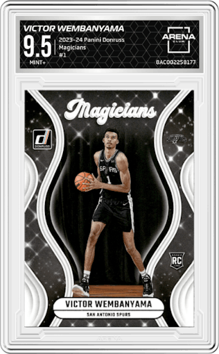 Victor Wembanyama from the 2023-24 Panini Donruss set graded by Arena Club and given an overall grade of 9.5.