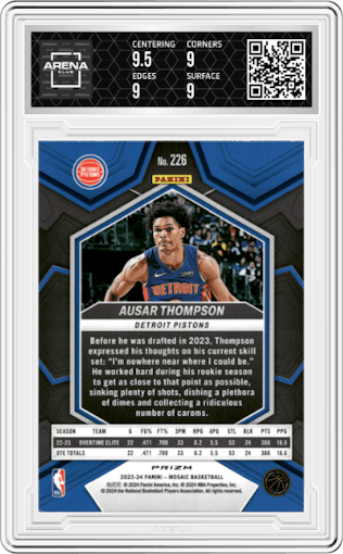 Ausar Thompson from the 2023-24 Panini Mosaic set featuring a Mosaic parallel graded by Arena Club and given an overall grade of 9.