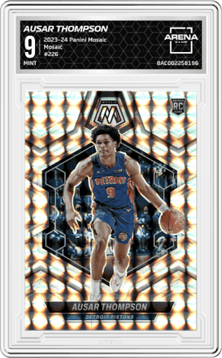 Ausar Thompson from the 2023-24 Panini Mosaic set featuring a Mosaic parallel graded by Arena Club and given an overall grade of 9.