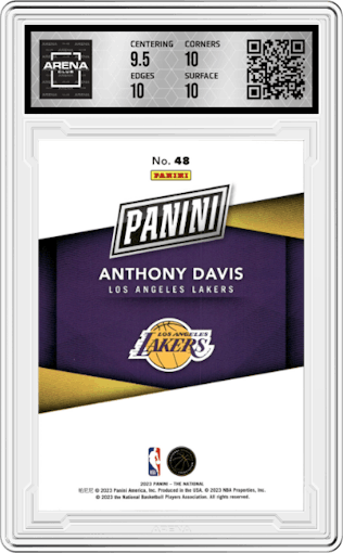 Anthony Davis from the 2023 Panini The National VIP set featuring a Orange parallel graded by Arena Club and given an overall grade of 10.