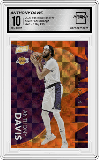 Anthony Davis from the 2023 Panini The National VIP set featuring a Orange parallel graded by Arena Club and given an overall grade of 10.