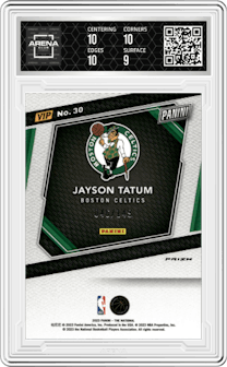 Jayson Tatum from the 2023 Panini The National VIP set featuring a Blue Sparkle parallel graded by Arena Club and given an overall grade of 9.5.