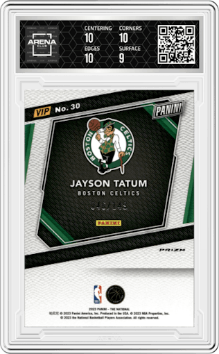 Jayson Tatum from the 2023 Panini The National VIP set featuring a Blue Sparkle parallel graded by Arena Club and given an overall grade of 9.5.