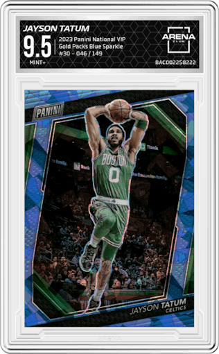 Jayson Tatum from the 2023 Panini The National VIP set featuring a Blue Sparkle parallel graded by Arena Club and given an overall grade of 9.5.