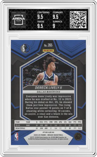  Dereck Lively II from the 2023-24 Panini Mosaic set featuring a Silver parallel graded by Arena Club and given an overall grade of 9.5.