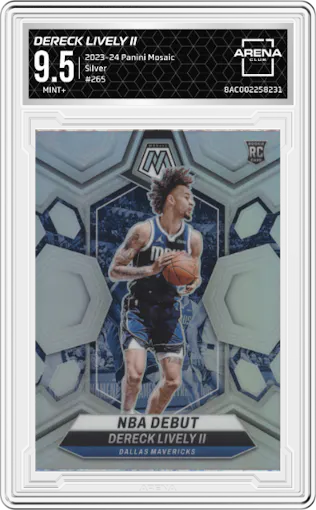  Dereck Lively II from the 2023-24 Panini Mosaic set featuring a Silver parallel graded by Arena Club and given an overall grade of 9.5.