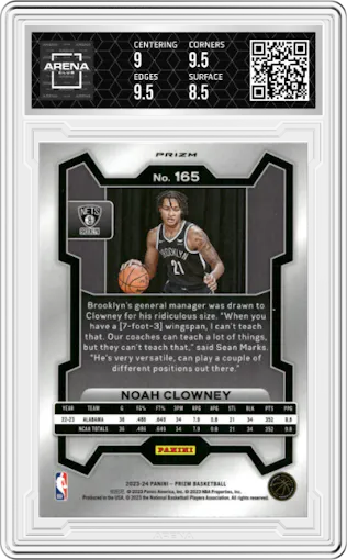 Noah Clowney from the 2023-24 Panini Prizm set featuring a Blue Wave parallel graded by Arena Club and given an overall grade of 9.