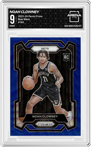 Noah Clowney from the 2023-24 Panini Prizm set featuring a Blue Wave parallel graded by Arena Club and given an overall grade of 9.