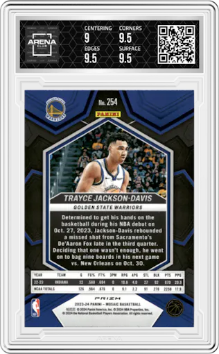 Trayce Jackson-Davis from the 2023-24 Panini Mosaic set featuring a Red Mosaic parallel graded by Arena Club and given an overall grade of 9.5.