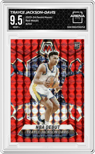 Trayce Jackson-Davis from the 2023-24 Panini Mosaic set featuring a Red Mosaic parallel graded by Arena Club and given an overall grade of 9.5.