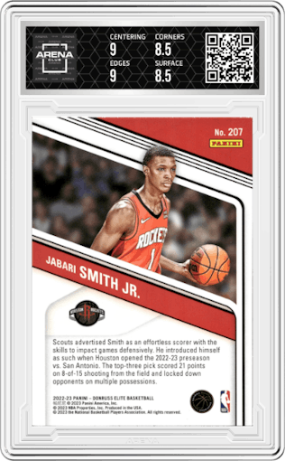 Jabari Smith Jr. from the 2022-23 Donruss Elite set featuring a Orange parallel graded by Arena Club and given an overall grade of 9.
