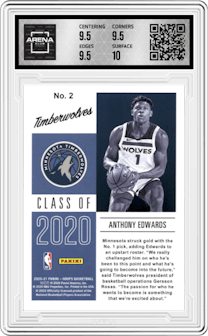Anthony Edwards from the 2020-21 Panini NBA Hoops set featuring a Winter Holo parallel graded by Arena Club and given an overall grade of 10.