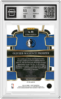 Olivier-Maxence Prosper from the 2023-24 Panini Select  set featuring a White Prizm parallel graded by Arena Club and given an overall grade of 10.
