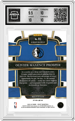 Olivier-Maxence Prosper from the 2023-24 Panini Select  set featuring a White Prizm parallel graded by Arena Club and given an overall grade of 10.