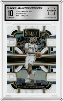 Olivier-Maxence Prosper from the 2023-24 Panini Select  set featuring a White Prizm parallel graded by Arena Club and given an overall grade of 10.
