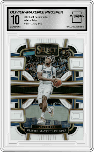 Olivier-Maxence Prosper from the 2023-24 Panini Select  set featuring a White Prizm parallel graded by Arena Club and given an overall grade of 10.