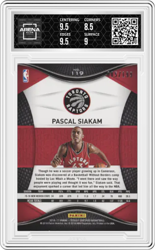 Pascal Siakam from the 2016-17 Panini Totally Certified set featuring a Red parallel graded by Arena Club and given an overall grade of 9.
