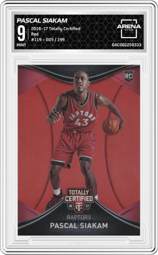 Pascal Siakam from the 2016-17 Panini Totally Certified set featuring a Red parallel graded by Arena Club and given an overall grade of 9.