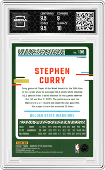 Stephen Curry from the 2023-24 Donruss Optic set featuring a Blue Velocity parallel graded by Arena Club and given an overall grade of 9.5.