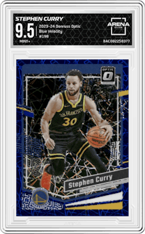 Stephen Curry from the 2023-24 Donruss Optic set featuring a Blue Velocity parallel graded by Arena Club and given an overall grade of 9.5.