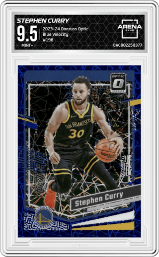 Stephen Curry from the 2023-24 Donruss Optic set featuring a Blue Velocity parallel graded by Arena Club and given an overall grade of 9.5.