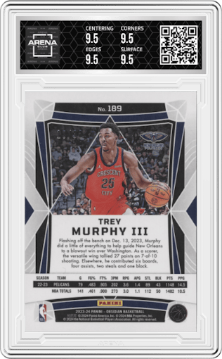 Trey Murphy III from the 2023-24 Panini Obsidian set featuring a Electric Etch Blue parallel graded by Arena Club and given an overall grade of 9.5.