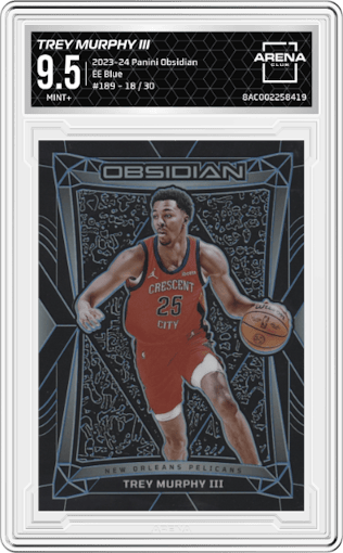 Trey Murphy III from the 2023-24 Panini Obsidian set featuring a Electric Etch Blue parallel graded by Arena Club and given an overall grade of 9.5.