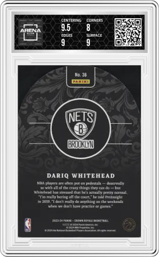 Dariq Whitehead from the 2023-24 Panini Crown Royale  set featuring a Blue parallel graded by Arena Club and given an overall grade of 8.5.