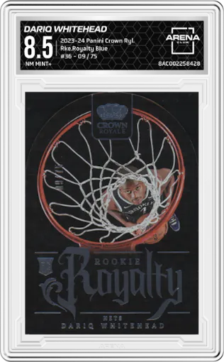Dariq Whitehead from the 2023-24 Panini Crown Royale  set featuring a Blue parallel graded by Arena Club and given an overall grade of 8.5.