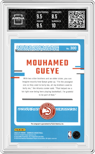 Mouhamed Gueye from the 2023-24 Panini Donruss set featuring a  Choice  parallel graded by Arena Club and given an overall grade of 9.